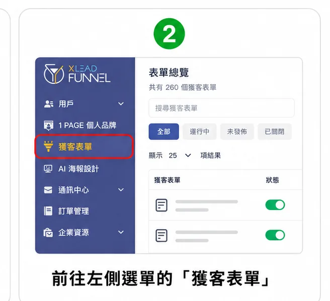 步驟 2：前往左側選單的「獲客表單」
