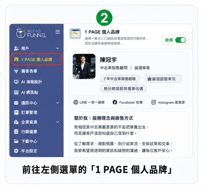 步驟 2：前往左側選單的「1 PAGE 個人品牌」
