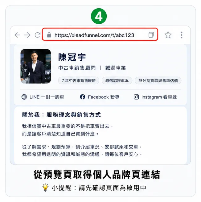 步驟 4：從預覽頁取得個人品牌頁連結
